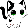 Cartoon-style, playful cat with a mostly white body, black ears, nose, and tail, a distinctive black heart marking on its hip, and large, vibrant green eyes.